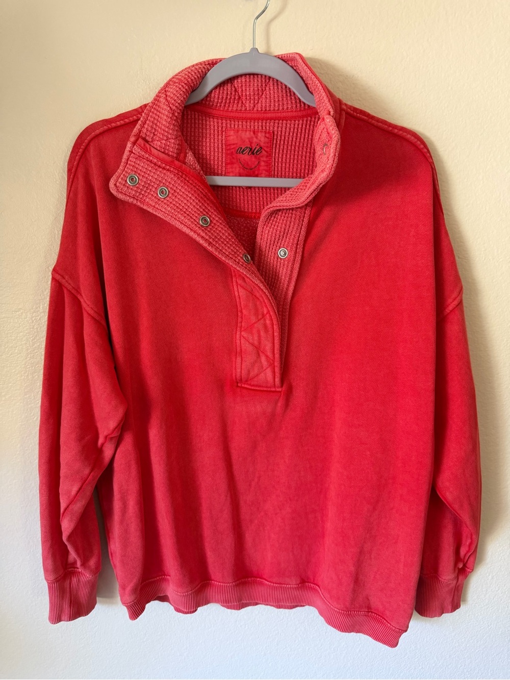 aerie Coral-Red Snap Pullover Sweatshirt